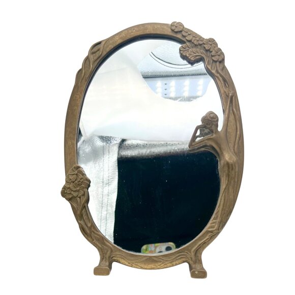 Vintage Art Nouveau Free Standing Brass Vanity Mirror Woman Floral Design 10.5"H - Picture 6 of 9